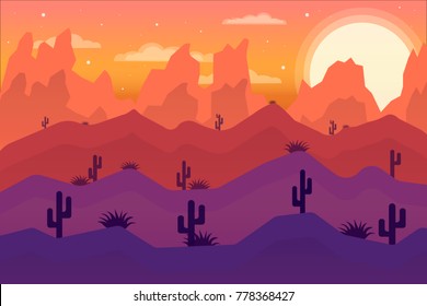 Sunset in the desert. Mountains, dunes and cacti. Vector illustration.