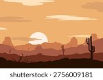 Sunset desert panoramic silhouette background. Panoramic view of cactus and mountain layers. Monument Valley landscape on a summer evening.