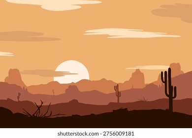 Sunset desert panoramic silhouette background. Panoramic view of cactus and mountain layers. Monument Valley landscape on a summer evening.