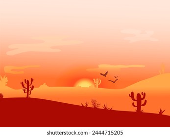 Puesta de sol en el desierto vista panorámica con dunas y cactus. Postal del amanecer del oeste salvaje. Plantilla de póster con paisaje desértico, lugar para texto. Elemento de diseño para Anuncio, invitación, flyer, tarjeta.