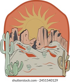 Sunset desert panoramic view with mountains and cactus. Western Howdy retro sunset boho. Vector illustration