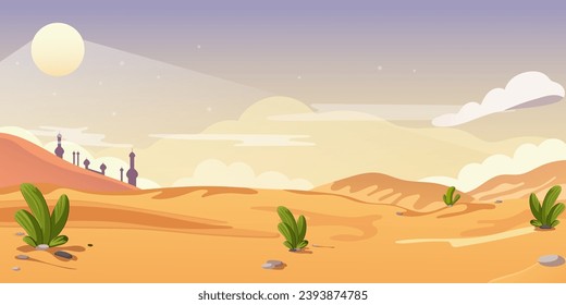 Sunset desert picturesque landscape. Sand dunes and city in the eastern background. Cactus and dry panoramic view. Concept of adventure and bedouin life. Vector illustration