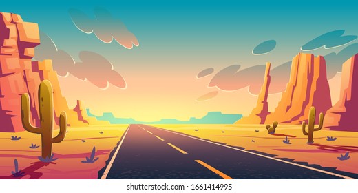 Sunset in desert with road, cactuses and rocks. Vector cartoon landscape of highway in Arizona or Mexico hot sand desert with orange mountains. Summer sunrise in western american valley
