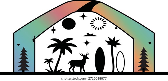 Ilustración vectorial de la silueta del desierto de la puesta del sol. Paisaje De Naturaleza Mínima Con Animales, Árboles Y Forma De Casa Gradiente.