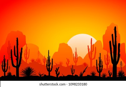 Sunset in the desert. Silhouettes of stones, cacti and plants. Desert landscape with cacti. The stony desert.                                                                                        