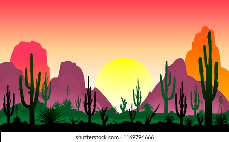 Sunset in the desert. Silhouettes of stones, cacti and plants. Desert landscape with cacti. The stony desert.                                                                                        