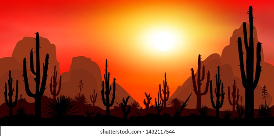 Sunset in the desert. Silhouettes of stones, cacti and plants. Desert landscape with cacti. The stony desert.                                                                                          