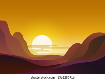 Sunset in desert - vector illustration natural background. Evening landscape with sun sets behind the mountains and yellow sky.
