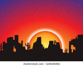 Sunset at desert vector illustration silhouette landscape
