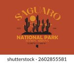 
Sunset the Desert Vibes in Saguaro, Desert vibes vector graphic print design for apparel, stickers, posters, background and others. Outdoor western vintage artwork. Saguaro desert t-shirt design.