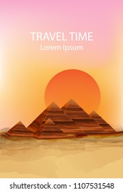 Sunset in the dessert Vector background. Hot summer sun over pyramids illustrations