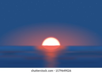 sunset down on seascape and star sky background, concept of change color of the year 2020 to Classic Blue, stock vector illustration clip art template with copy space