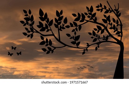 sunset, dramatic sky and silhouettes in nature with tree and butterflies.