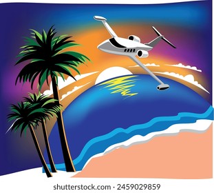 Sunset drawing with plane in the sky