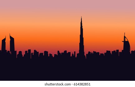 At sunset dubai scenery silhouettes