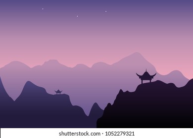 Sunset and dusk landscape on the tiber with monastery and mountains
