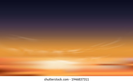 Sunset Dusk Sky in Evening with Orange,Yellow and Dark purple colour, Dramatic twilight landscape of Skyline with cloud,Vector horizon banner of Sunrise for four season weather background