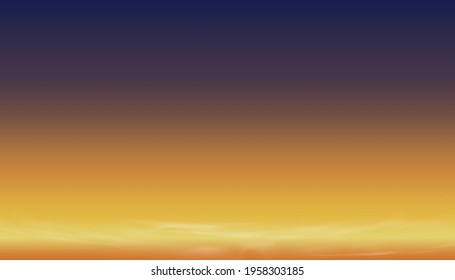 Sunset Dusk Sky in Evening with Orange,Yellow and Dark purple and Blue colour,Dramatic twilight landscape of Skyline with cloud,Vector horizon banner of Sunrise for four season weather background