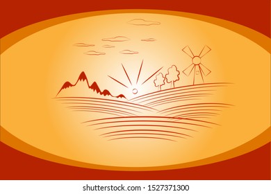 Sunset, early evening, field, trees, mountains and a mill