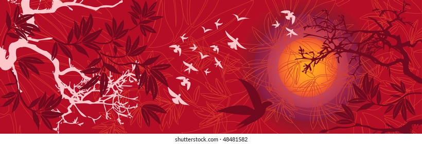 Sunset Eastern Landscape with Birds and Trees Background