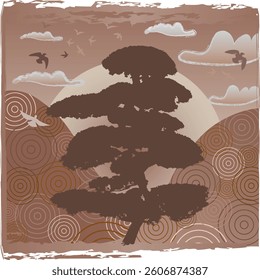 Sunset Eastern Landscape Illustration with Hills, Birds and Tree - Color of the Year 2025 Mocha Mousse