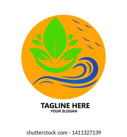 Sunset eco leaf with wave water logo design. vector illustration.