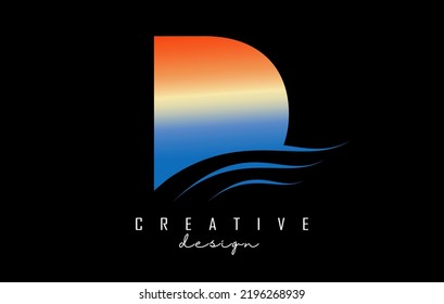 Sunset effect letter D logo with waves lines. Letter with geometric waves and sunset design.Vector Illustration with letter and creative cuts.