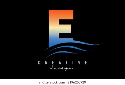 Sunset effect letter E logo with waves lines. Letter with geometric waves and sunset design.Vector Illustration with letter and creative cuts.