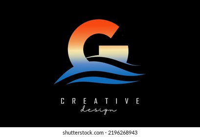 Sunset effect letter G logo with waves lines. Letter with geometric waves and sunset design.Vector Illustration with letter and creative cuts.