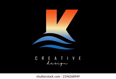Sunset effect letter K logo with waves lines. Letter with geometric waves and sunset design.Vector Illustration with letter and creative cuts.