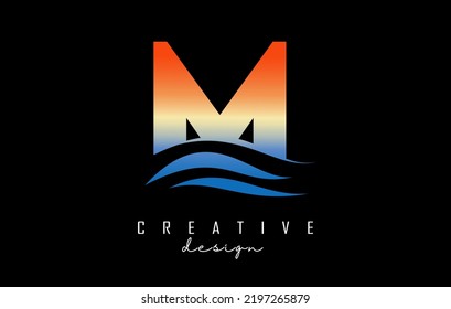 Sunset effect letter M logo with waves lines. Letter with geometric waves and sunset design.Vector Illustration with letter and creative cuts.