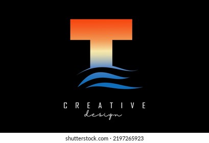 Sunset effect letter T logo with waves lines. Letter with geometric waves and sunset design.Vector Illustration with letter and creative cuts.