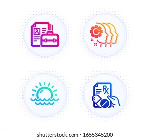 Sunset, Employees Teamwork And Vacancy Icons Simple Set. Button With Halftone Dots. Prescription Drugs Sign. Sunny Weather, Collaboration, Hiring Job. Pills. Science Set. Vector