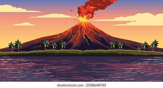 Ilustração da paisagem do vetor do vulcão em erupção do pôr do sol