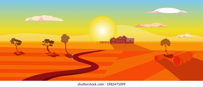 Paisaje nocturno al atardecer, estanques de heno y campo, casas de campo bajo un cielo nublado. Tiempo de verano agricultura fondo campo vectores de cultivo