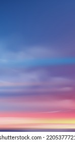 Sunset in evening with Orange,Yellow,Pink and Blue sky,Vertical Dramatic landscape Sunrise,Vector Dusk Sky,Romantic Twilight banner of Sunlight reflection by the sea for web, mobile screen background