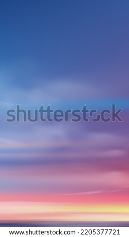 Sunset in evening with Orange,Yellow,Pink and Blue sky,Vertical Dramatic landscape Sunrise,Vector Dusk Sky,Romantic Twilight banner of Sunlight reflection by the sea for web, mobile screen background