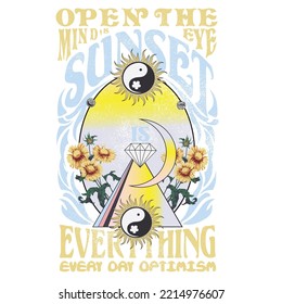 sunset is everything, open the minds eye, Cosmic Mystery slogan with mystical, Cosmic Love slogan with mystical illustration for t-shirt prints and other uses. Mystical(sun,flower) illustrations.