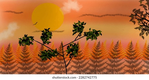 sunset in fall season behind trees hand drawn