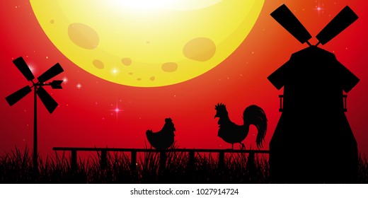 Sunset farming scene in evening