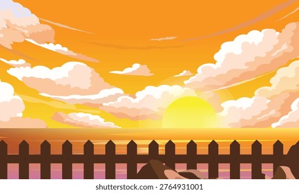 Sunset Fence Landscape Orange Sky Nature Illustration