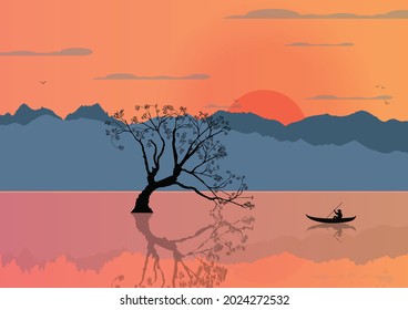 Sunset, ferry man and withered tree landscape