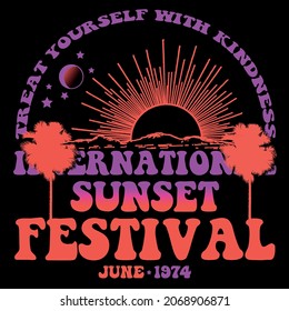 Sunset festival slogan gradient text with sun and trees for tee and poster