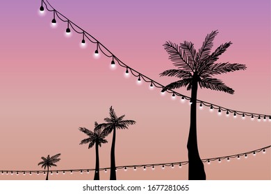 Sunset at a festive beach somewhere in Hawaii. four palm trees hung with garlands.