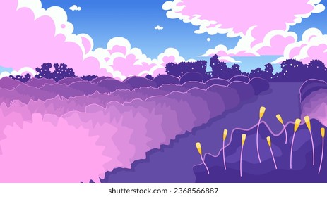 Sunset in the field cute kawaii lo fi background. Fluffy clouds. Park 2D vector cartoon landscape illustration, lofi aesthetic wallpaper desktop. Japanese anime scenery, dreamy vibes