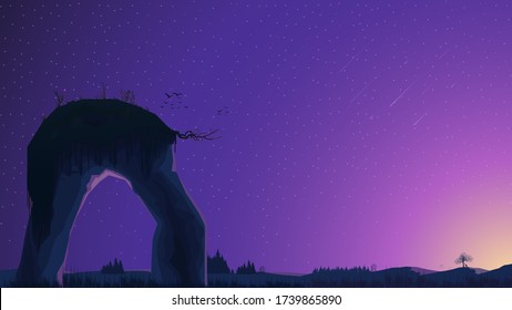 Sunset in a field with pine trees and a large rock in the foreground. Vector landscape with starry sky