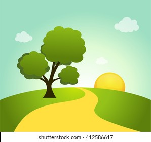 Sunset Field with a tree. Vector Illustration.
