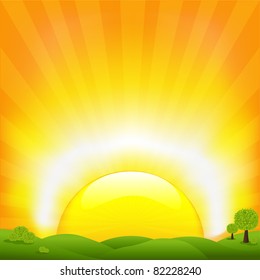 Sunset And Field, Vector Illustration