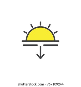 Sunset filled outline icon, line vector sign, linear colorful pictogram isolated on white. Sun and arrow down symbol, logo illustration. Pixel perfect vector graphics