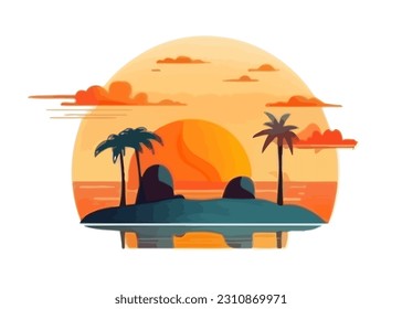 Sunset flat cartoon background. Vector illustration isolated on white background